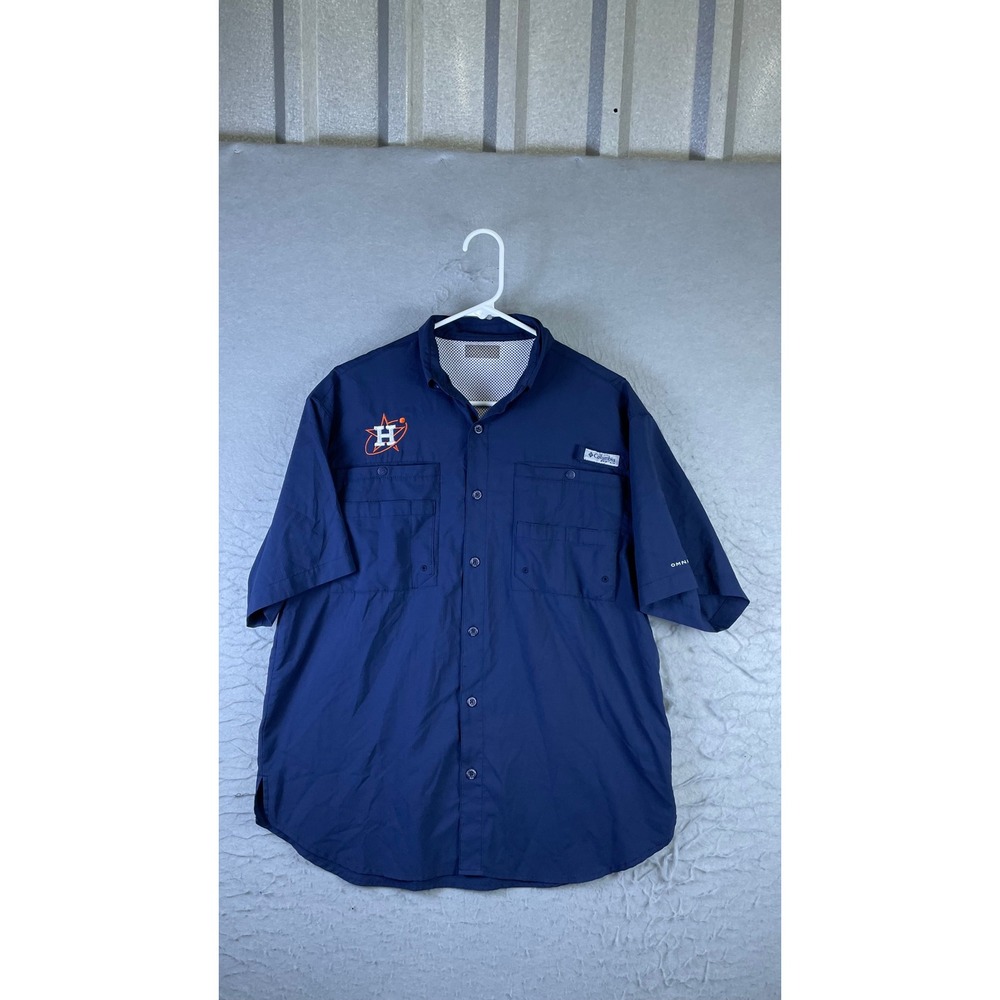 Columbia PFG Shirt Mens Medium Blue Excellent Houston Astros Fishing Button Up